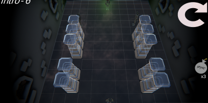 Screenshot waar je van bovenaf in een donkere kamer kijkt met twee rijen van transparante pilaren en de ninja aan het einde van de kamer